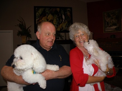 BIANCA with new family Bill and Claudia P. and Maggie & one of The Blessed Bichons. : )